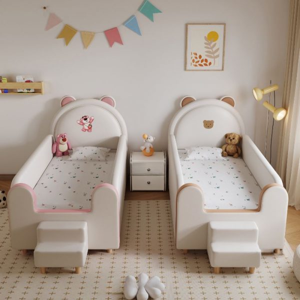 "Nordic Style Pine Standard Children Bed in Natural Wood Finish with Panel Headboard, Sponge Fill & Surrounding Guardrail - Animal Theme"