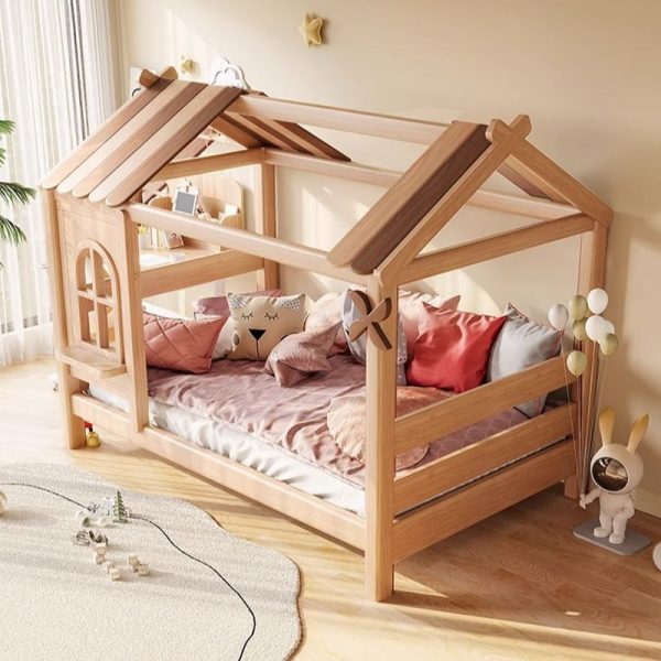 "Nordic Style Dollhouse Theme Standard Children Bed in Natural Wood Finish"