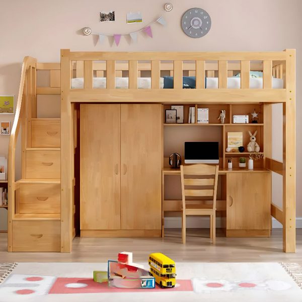 "Lumber Kids Loft Bed Natural Loft with Storage, Coir, Ladder, Guardrail"