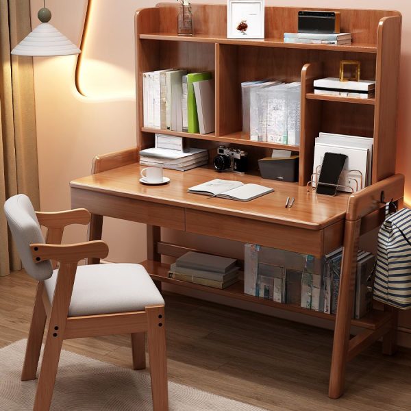 "Azure/White/Peony Lumber Ergonomic Moves Up and Down Children Computer Desk with Locker, Hutch, 4 Shelves"