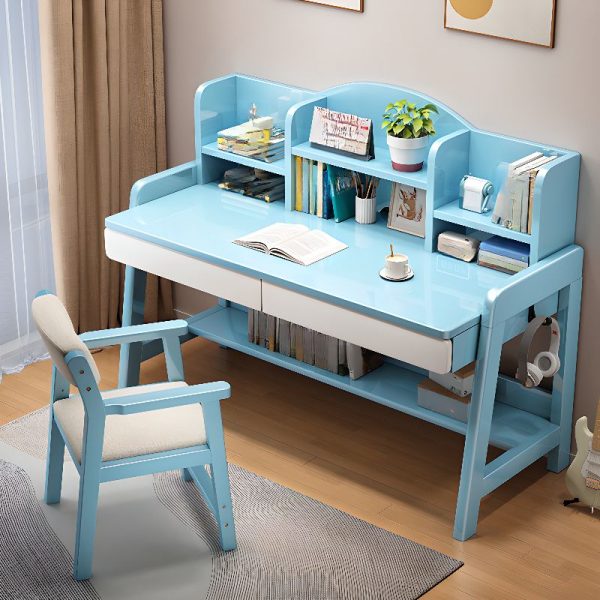 "2 Drawers Blue/Pink/White Timber Moves Up and Down Children Computer Desk with Stockroom, Shelf, Hutch"