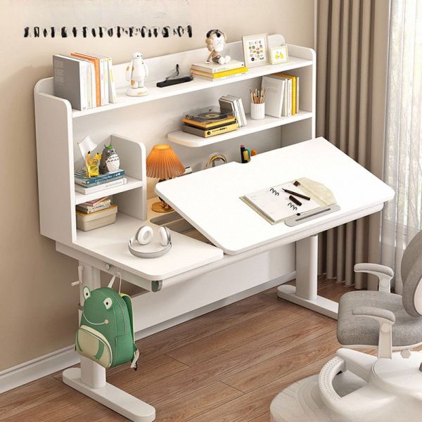 "Adjustable Height Pale Wood Finish Children's Desk with Wood Top, Scratch-Durable, Locker Storage, 2/4 Shelves & Hutch"