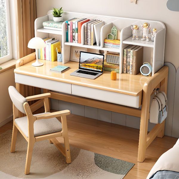 "Timber Children Computer Desk in Peony/Azure/Chalk with 3 Shelves and Compartment, Hutch and Container"