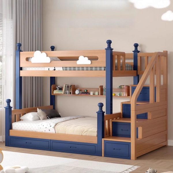 "2 Drawers/6 Drawers Natural Wood Children Bunk Bed Multiple Mattress Sizes with Underbed Storage, Bookcase, Ladder"