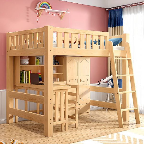 "Natural Finish Children Loft Bed with 4 Drawers, 1 Cabinet"