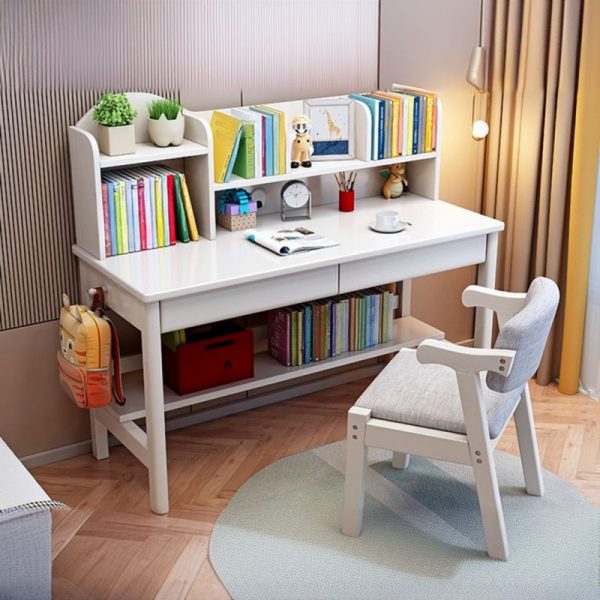 "White/Pink/Cerulean Lumber Stockroom Kids Computer Desk with 2 Drawers, 3 Shelves, Hutch"