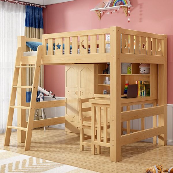 "Natural Color Modern Wood Kids Loft Bed for Gender Neutral with Ladder and Guardrail"