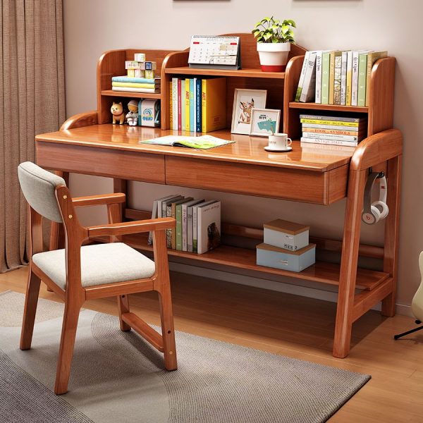 "4 Shelves Adjustable Height White/Cerulean/Wood Color Lumber Children Computer Desk Water-resistant Receptacle with Hutch"