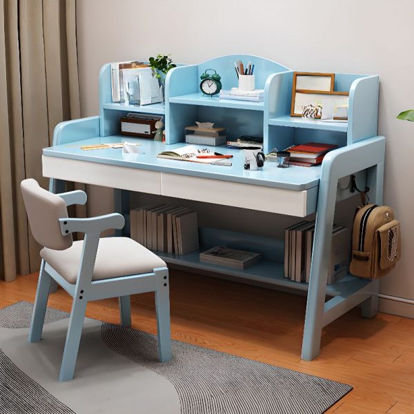 "Lumber Kids Computer Desk in White/Peony/Sepia with Drawer and Shelf, Hutch and Container"