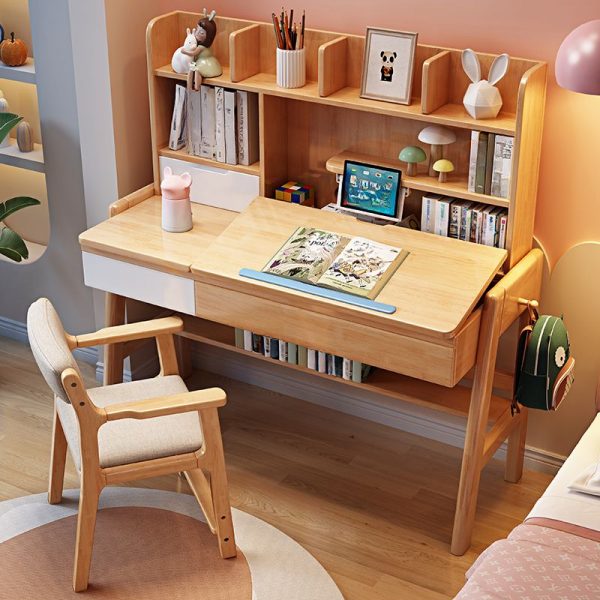 "Multi-levelled Wood Kids Computer Desk in Magenta/Brown/Unfinished Color with Receptacle, Shelf, Compartment, and Hutch"