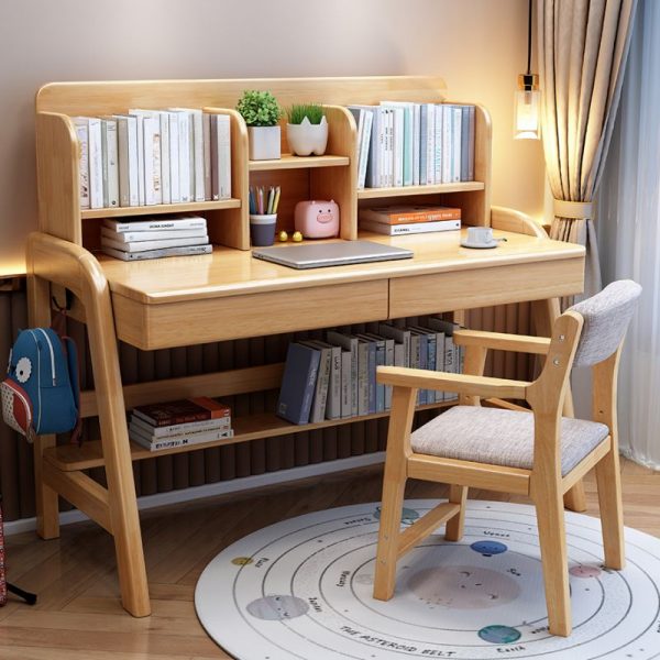 "Flexible Height Children Computer Desk with Hutch, Shelf and 2 Drawers, Repository and a Taupe/Wood Grain/Cerulean Timber Top"