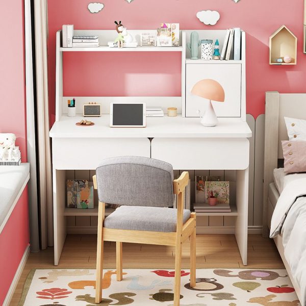 "Hydrophobic White/Auburn/Natural Lumber Children Computer Desk with Storage, Drawer, 1 Cabinet, and 2 Shelves"