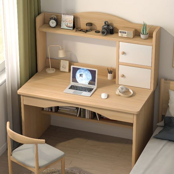 "Wood Grain/White/Dove Grey Timber Kids Computer Desk with Chair, Receptacle, Shelf and Hutch"