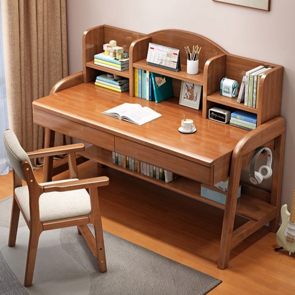 "2 Drawers White/Natural Finish/Blue Timber Adjustable Height Children Computer Desk with Locker, 3 Shelves and Hutch"