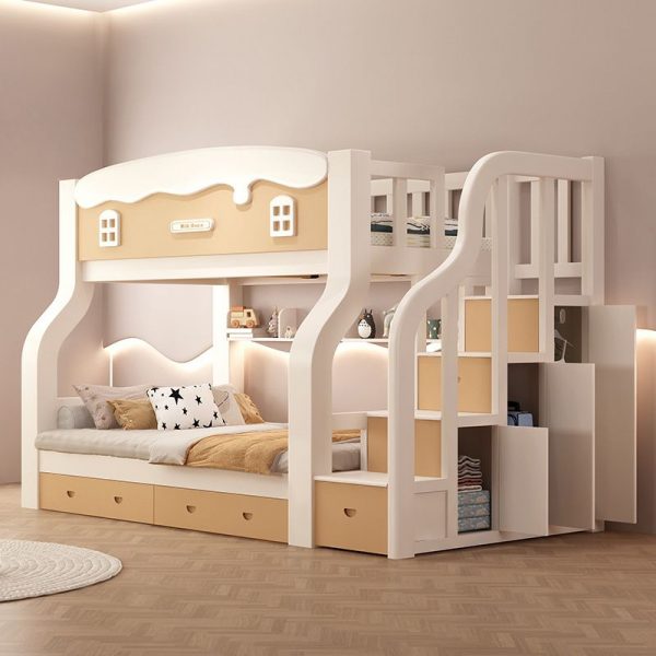"Lemon Color Bunk Children's Bed with Extensive Storage, 6 Drawers, 3 Cabinets, Book Rack, Stairs, and Multiple Mattress Options"