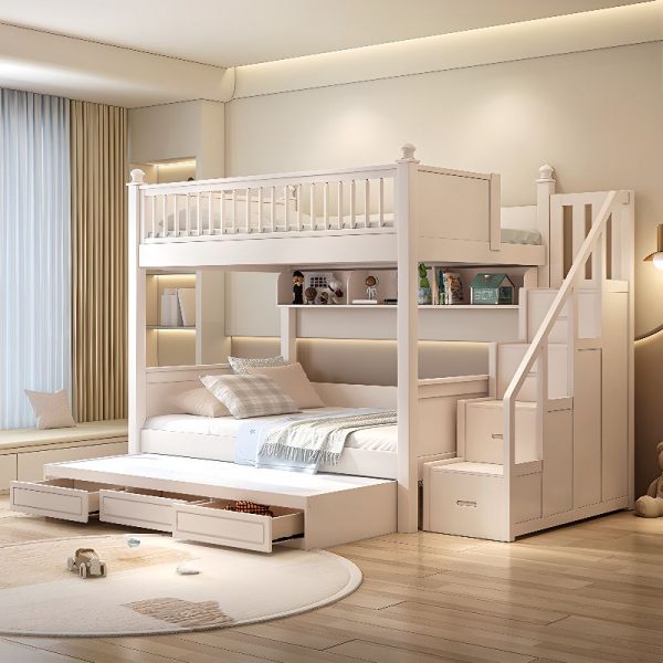 "Chalk Bunk Children's Bed with Coir Mattress, Receptacle, Book Organizer, Stairs, Guardrail and 7 Drawers/6 Drawers/4 Drawers"