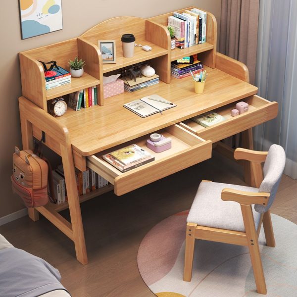 "2 Drawers Chalk/Cerulean/Brown Timber Top Flexible Height Children Computer Desk with Stockroom, Shelf and Hutch"
