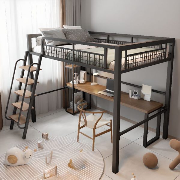 "Loft Children Loft Bed in Metal for Gender Neutral with Ladder and Surrounding Guardrail in a Modish Style"