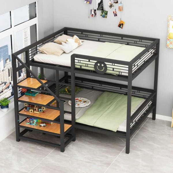 "Art Deco Metal Children Loft Bed/Bunk Bed, Standard Bunk with Stairs, Surrounding Guardrail, Gender Neutral"