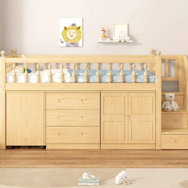 "Natural Wood Finish Children Loft Bed with 3 Drawers Loft Configuration"