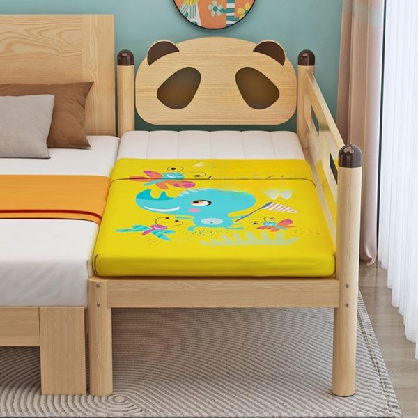 "Natural Finish Timber Standard Kids Bed with Cotton Linen, Headboard, Footboard, Coir, Guardrail"