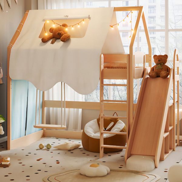 "Simple Gender Neutral Medium Wood Beech Kids Loft Bed with Built-In Ladder and Surrounding Guardrail"