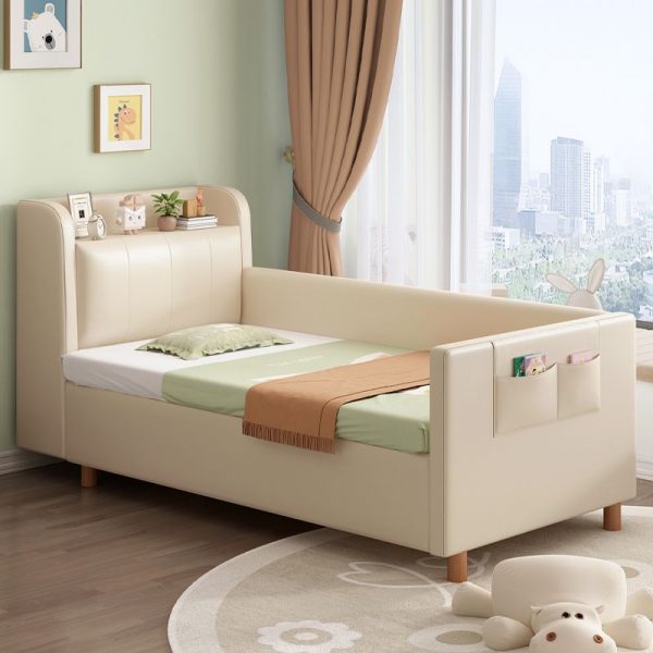 "Beige Wood Cotton Standard Children Bed with Headboard, Footboard, Coir, Guardrail"