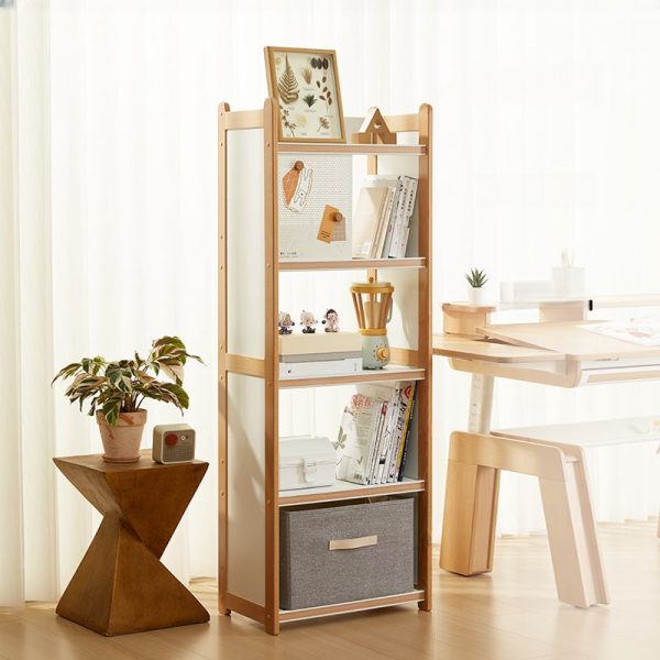 "White Vertical Standard Children's Bookshelf with Open Back, Lumber Shelves, Slipping Door, and Bin Included"