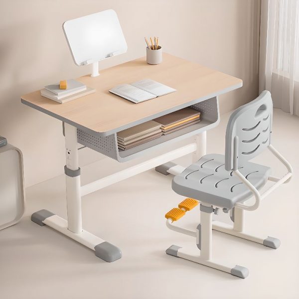 "Adaptable Height Lumber Kids Computer Desk with Wood Grain Top, Storage, and Shelf"
