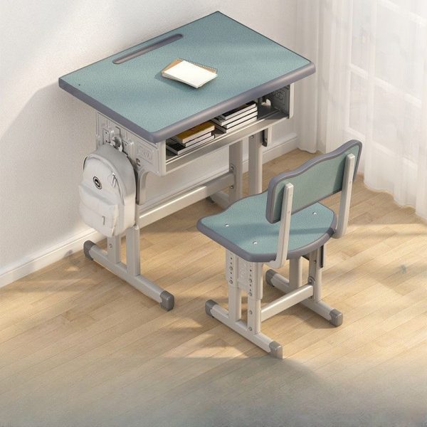 "Adaptable Height Water-resistant Lumber Kids Computer Desk with Chair, Gray/Cerulean/Lime Green Top, Storage, and Shelf"