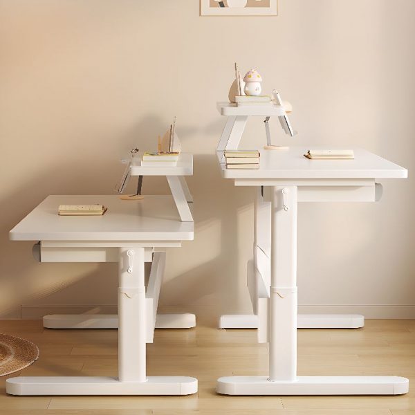 "White/Tan Lumber Top Adjustable Kids Desk with Adaptable Height, Storage, Shelf & Hutch"