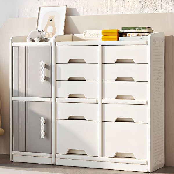 "Modern Kids Toy Organizer with 2/3 Shelves, Horizontal/Vertical Orientation, Polymer Compound, 2/4 Doors, Independent Installation"