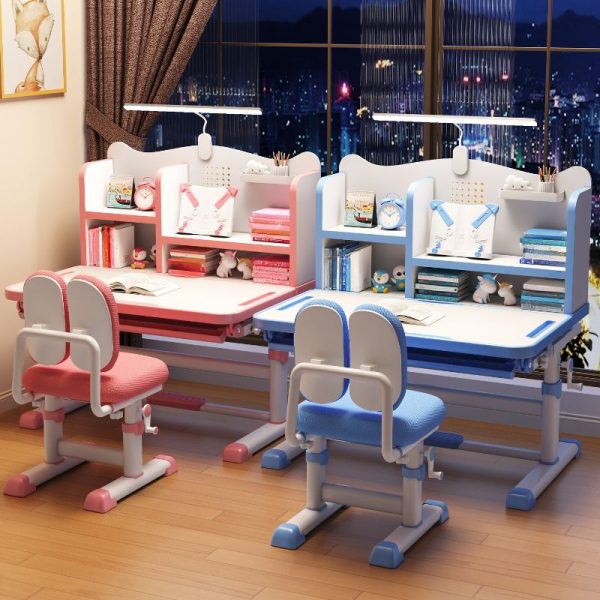 "Height-adjustable Lumber Children Computer Desk with Chair, Grey/Peony/Azure, Storage Container, and Shelf"