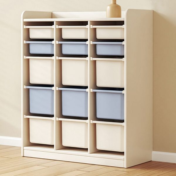 "Cream Simplistic Standard Children's Bookshelf with Lumber Material, Vertical Orientation, Closed Back, Independent Installation, 15/10/9 Bins"