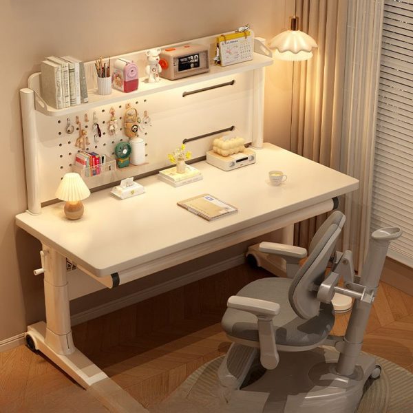 "Adaptable Height Water-resistant White Kids Computer Desk with Roller Wheels, Storage, Shelf, and Hutch"