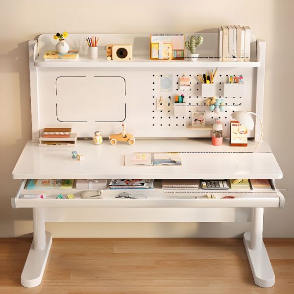 "Adaptable Height Lumber White Adjustable Kids Desk with Storage, Shelf, Hutch, and Ergonomic Design"
