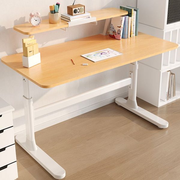 "Height Adjustable Lumber Natural Finish Kids Computer Desk with Storage, Shelf, and Hutch"